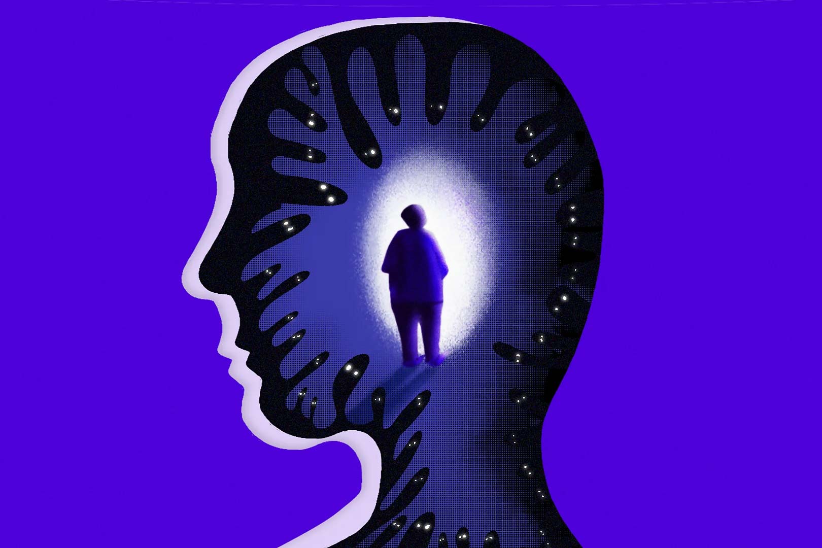 تصویرسازی از مردی که درون سر مردی دیگر به منبع نور نگاه می‌کند
